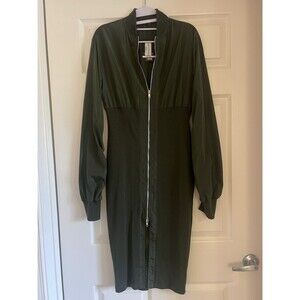 Mad For Love Bodycon Dress Sz M MIDI Front Full Zip Green Preppy Chic army green
